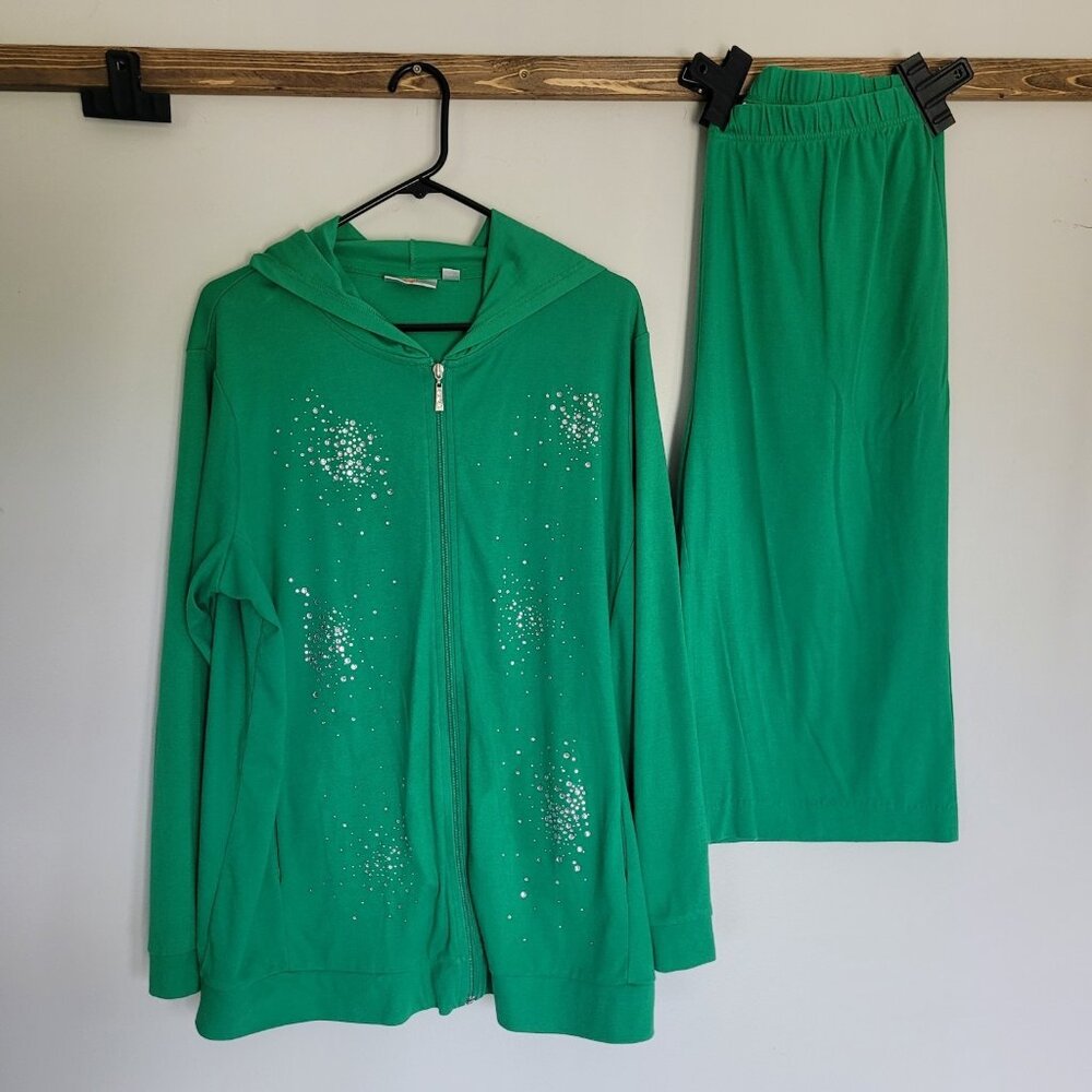 Quacker Factory Jacket Set Pants Womens 1X Plus Size Green Studded Casual Knit